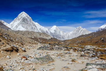 panoramic view of Mount Pumori and way to Everest base camp, Khumbu valley, Sagarmatha national park, Nepal