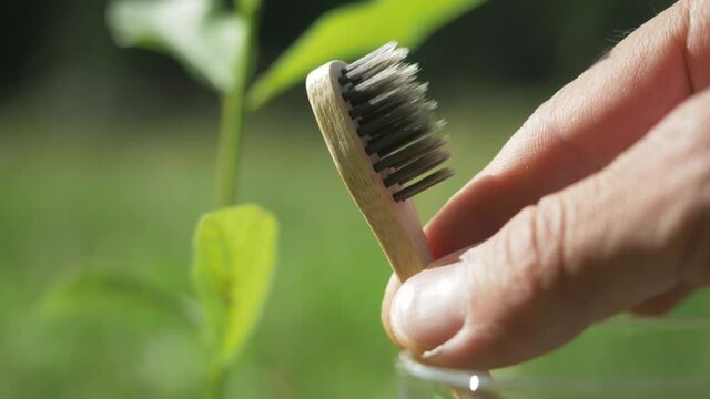 toothbrush made of bamboo on green background, organic bamboo charcoal toothbrush in hand. eco friendly biodegradable personal care products. no plastic concept. plastic free lifestyle.