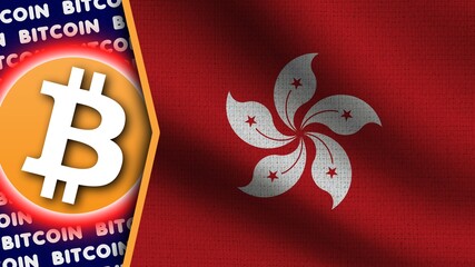 Hong Kong Realistic Wavy Flag, Bitcoin Logo and Titles, Circle Neon Effect Fabric Texture 3D Illustration