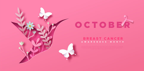 Breast Cancer month paper cut bird web template - obrazy, fototapety, plakaty