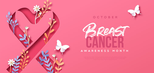 Breast Cancer month paper cut ribbon web template - obrazy, fototapety, plakaty