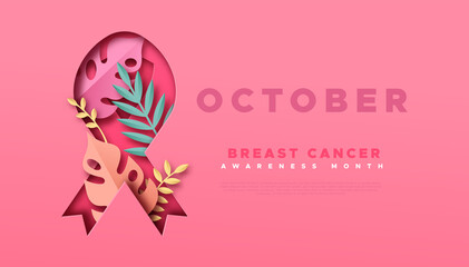 Breast cancer pink papercut tropical leaf ribbon