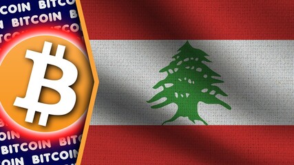 Lebanon Realistic Wavy Flag, Bitcoin Logo and Titles, Circle Neon Effect Fabric Texture 3D Illustration