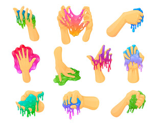 Set of colorful homemade slime toys in human hands vector illustration comic glossy toy slicky gelly