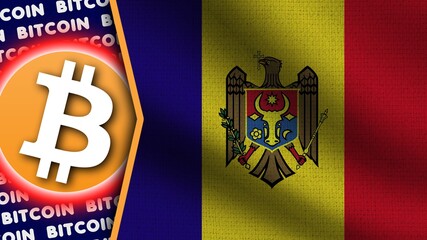 Moldova Realistic Wavy Flag, Bitcoin Logo and Titles, Circle Neon Effect Fabric Texture 3D Illustration