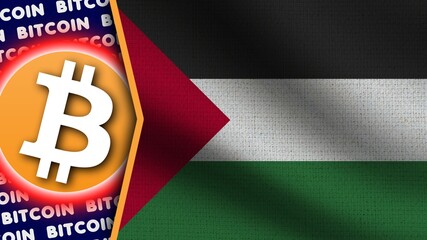 Palestine Realistic Wavy Flag, Bitcoin Logo and Titles, Circle Neon Effect Fabric Texture 3D Illustration