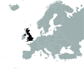 Black Map of United Kingdom on Gray map of Europe 