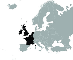 Black Map of West Europe countries on Gray map of Europe 
