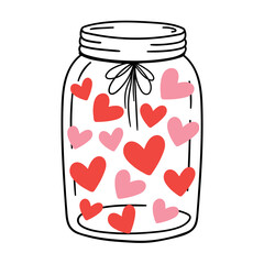 Colored hearts in a glass jar. Vector hand drawn illustration for romantic prints, valentine day cards. Good for posters, t shirts, postcards.