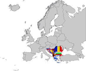 Map of Balkan peninsula countries with national flag on Gray map of Europe 