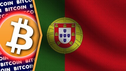 Portugal Realistic Wavy Flag, Bitcoin Logo and Titles, Circle Neon Effect Fabric Texture 3D Illustration
