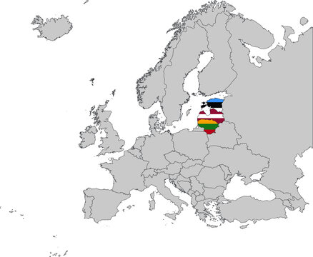 recommend clip art: Map of Baltic countries with national flag on Gray map of Europe  