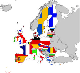 Obraz premium Map of Europe Union countries and United Kingdom with national flag on Gray map of Europe 