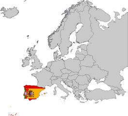 Naklejka premium Map of Iberian peninsula countries with national flag on Gray map of Europe 