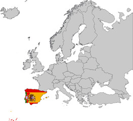 Map of Iberian peninsula countries with national flag on Gray map of Europe 