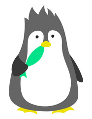 Penguin eats fish cute cartoon animal isolated illustration