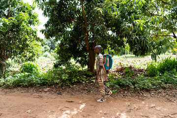 Black African schoolboy walking alone in the shade, along a tree lined dirt road