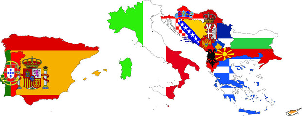Obraz premium Map of South Europe countries with national flag 