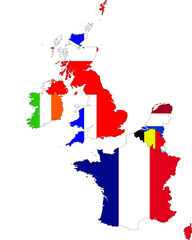 Map of West Europe countries with national flag 