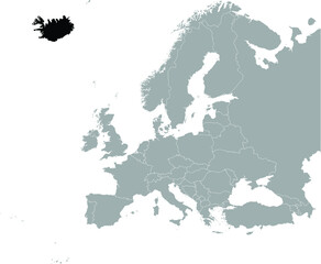 Black Map of Iceland on Gray map of Europe 