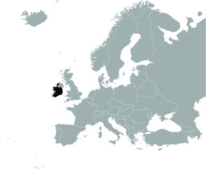 Black Map of Republic of Ireland on Gray map of Europe 