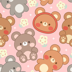 Naklejka premium Teddy Bear Seamless Pattern Background, Happy cute bear, Cartoon Panda Bears Vector illustration for kids forest background with dots