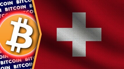 Switzerland Realistic Wavy Flag, Bitcoin Logo and Titles, Circle Neon Effect Fabric Texture 3D Illustration