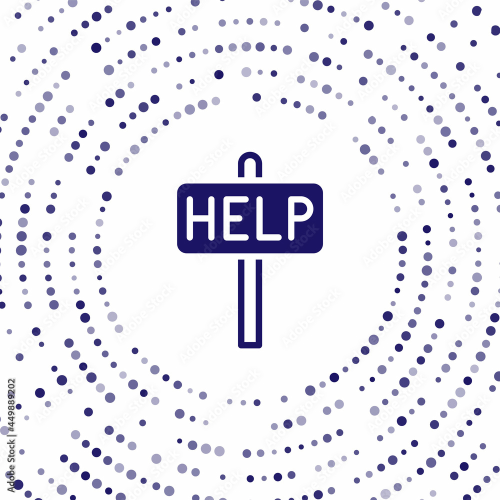 Poster blue ask for help text icon isolated on white background. abstract circle random dots. vector