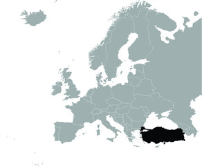 Fototapeta na wymiar Black Map of Turkey on Gray map of Europe 