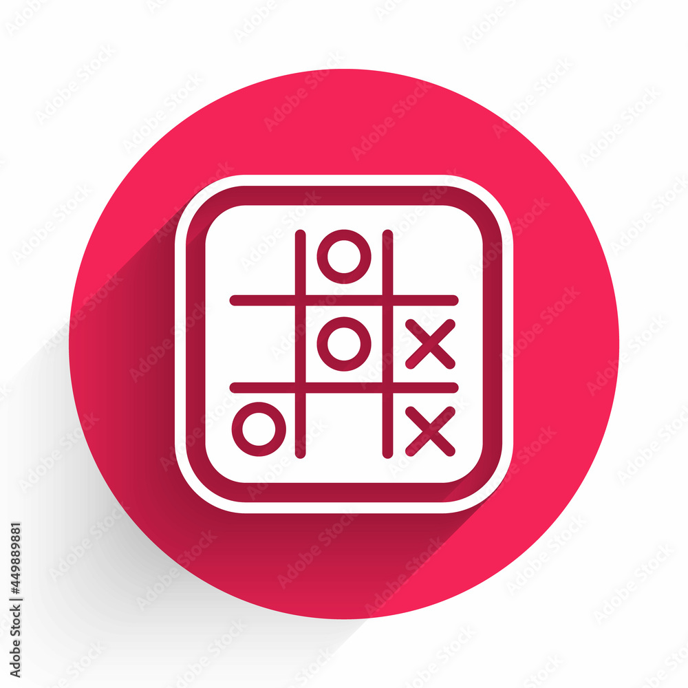 Poster white tic tac toe game icon isolated with long shadow background. red circle button. vector