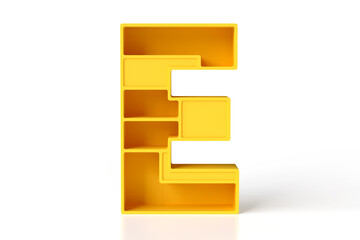 Geometric 3D letter E made of yellow matte painted plastic with shelves and storage hollows. High definition 3D rendering.