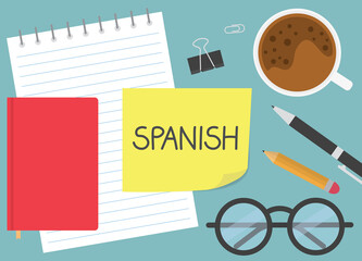 spanish written on yellow sticky note, concept of learning language- vector illustration © chrupka