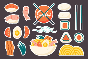 Asian food ingredients set. Japanese, Chinese cuisine delivery. Sushi, fresh fish, shrimp, rice, rolls, ramen noodles, vegetable, bacon, tomato, egg, plate, sticks. Vector stickers.