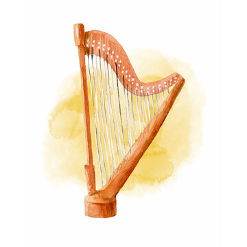 Classical Harp with abstract Watercolor yellow spot. Musical Classical Instrument on white background. Colorful hand painted illustration for invitation to the Music day