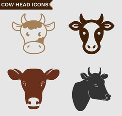 Cow head vector icon set on white background. Set of 4 vector icons