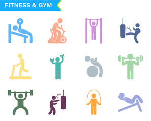 Colorful gym flat vector icon set on white background. Set of 12 vector icons