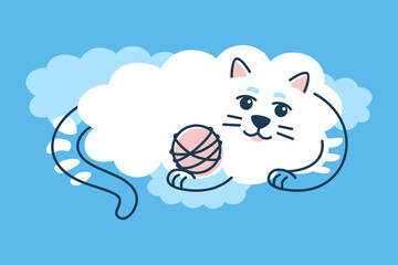 A cloud-shaped cat lies on a blue cloud, looking at a skein of yarn. Cute pet on a blue background. Flat vector illustration.