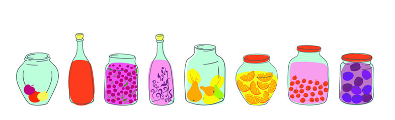 Cute decorative glass jars with fruits and jams. Set. Vector illustration.