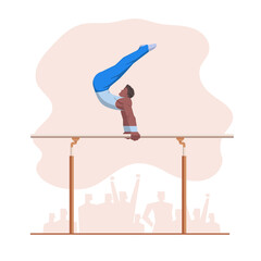 A gymnast with an athletic physique performs on Parallel bars, athlete shows static hold skill with his hands. Vector flat design illustration. Individual all-around preflight competition scene.