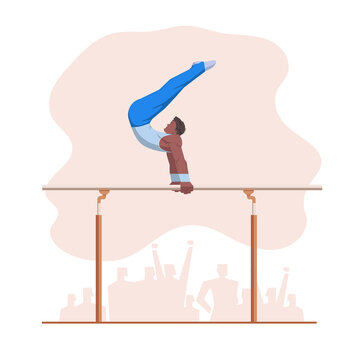 A gymnast with an athletic physique performs on Parallel bars, athlete shows static hold skill with his hands. Vector flat design illustration. Individual all-around preflight competition scene.