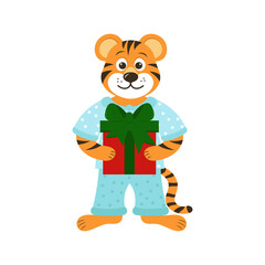 Cute tiger in pajamas with a gift, vector illustration. Symbol of 2022.