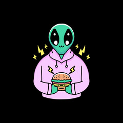 hip hop alien with burger cartoon, illustration for stickers and t shirt.