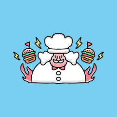 old man chef with burger cartoon, illustration for stickers and t shirt.