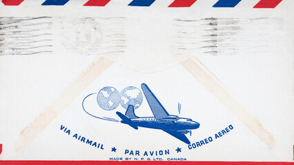 vintage retro alt old envelope umschlag benutzt used kanada canada flugzeug plane rückseite back side welt globe fliegen flying frankiert cancel benutzt used
