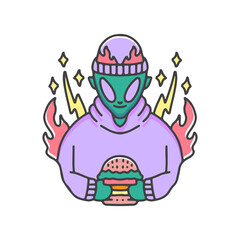 alien in beanie with burger, illustration for stickers and t shirt.