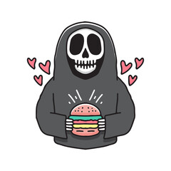 Skull grim reaper holding burger, illustration for stickers and t shirt.