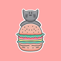 cute black cat with burger cartoon, illustration for stickers and t shirt.