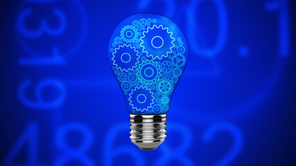 Innovation, research lightbulb with gears glowing as technological idea, thinking, AI, development. 3D strategy concept idea.