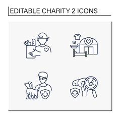 Fototapeta premium Charity line icons set. Volunteer, shelter, blind and visually impaired and cancer charities. Volunteering concept. Isolated vector illustrations. Editable stroke