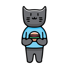 cute black cat holding burger, illustration for stickers and t shirt.